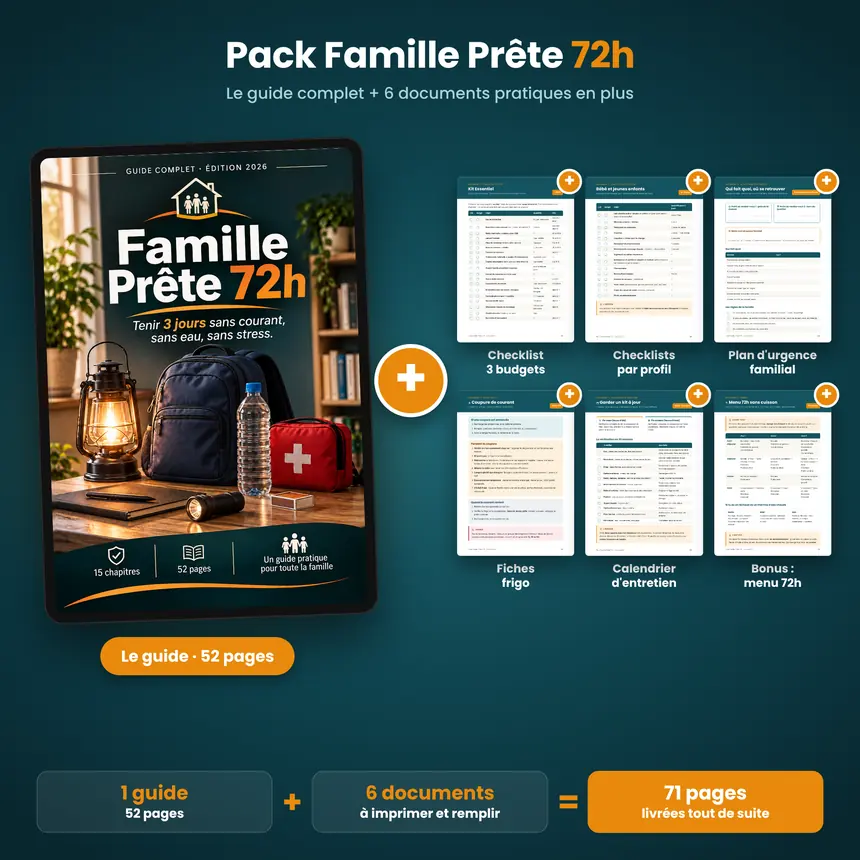 Le Pack Famille Prête 72h : le guide de 52 pages et 6 documents pratiques